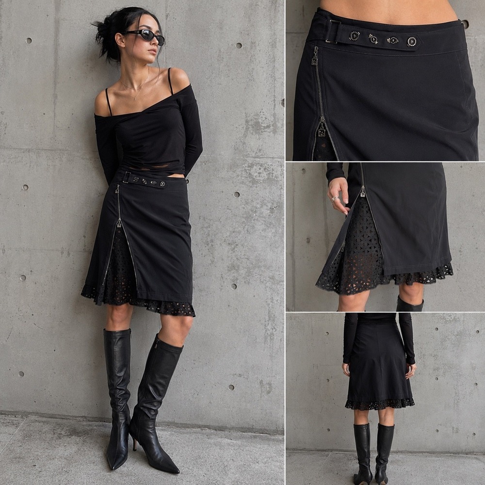 Indies Skirt Womens 2 Black Avant‎ Garde Gorpcore Techwear Eyelet Zipper Midi